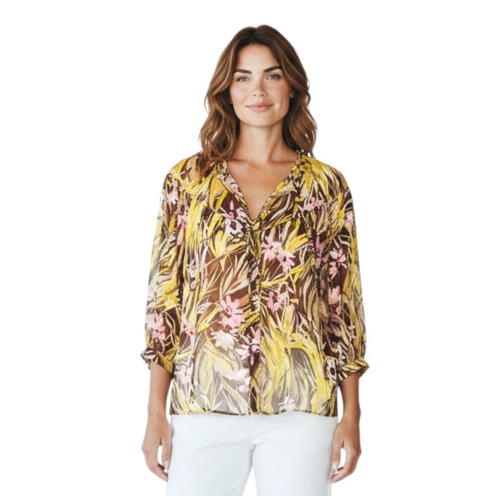 Milly of NY Womens Sheer Blouse Silk Size 6 (S-Large) Green Brown Pink